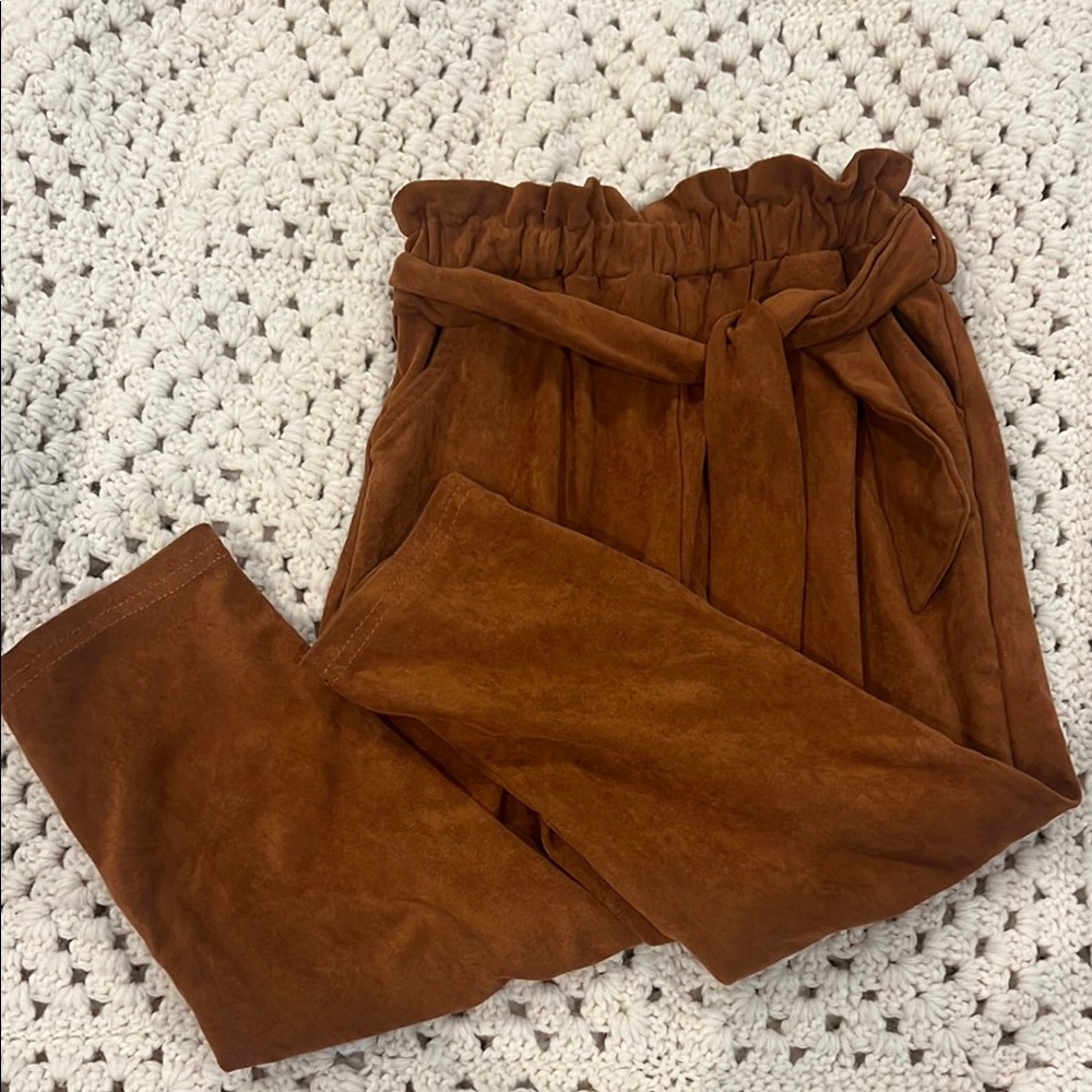 Brown Suede Paperbag Waist Pants